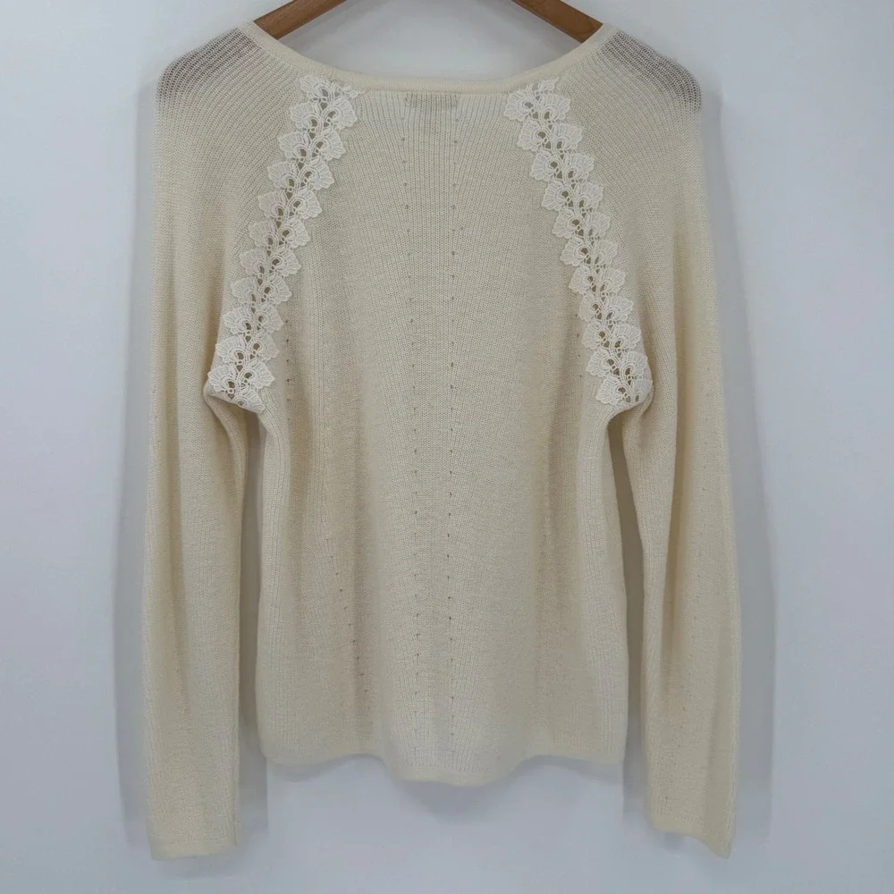 Garnet Hill‎ Merino Wool Cotton Lace Shoulder Sweater Ivory Size Medium